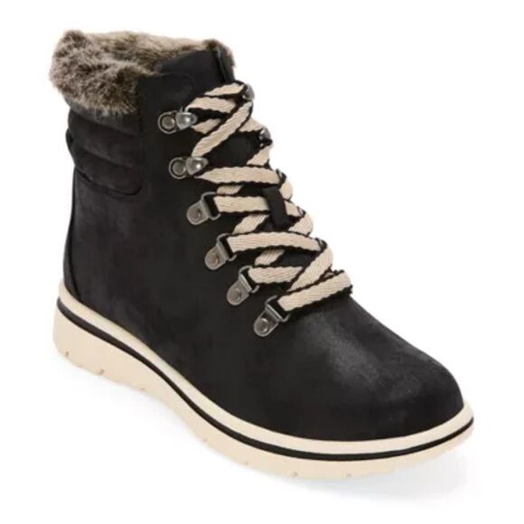 St. John's Bay Shoes - St. John's Bay Womens 10 Medium Hayward Flat Heel Booties Black Boots Faux Fur